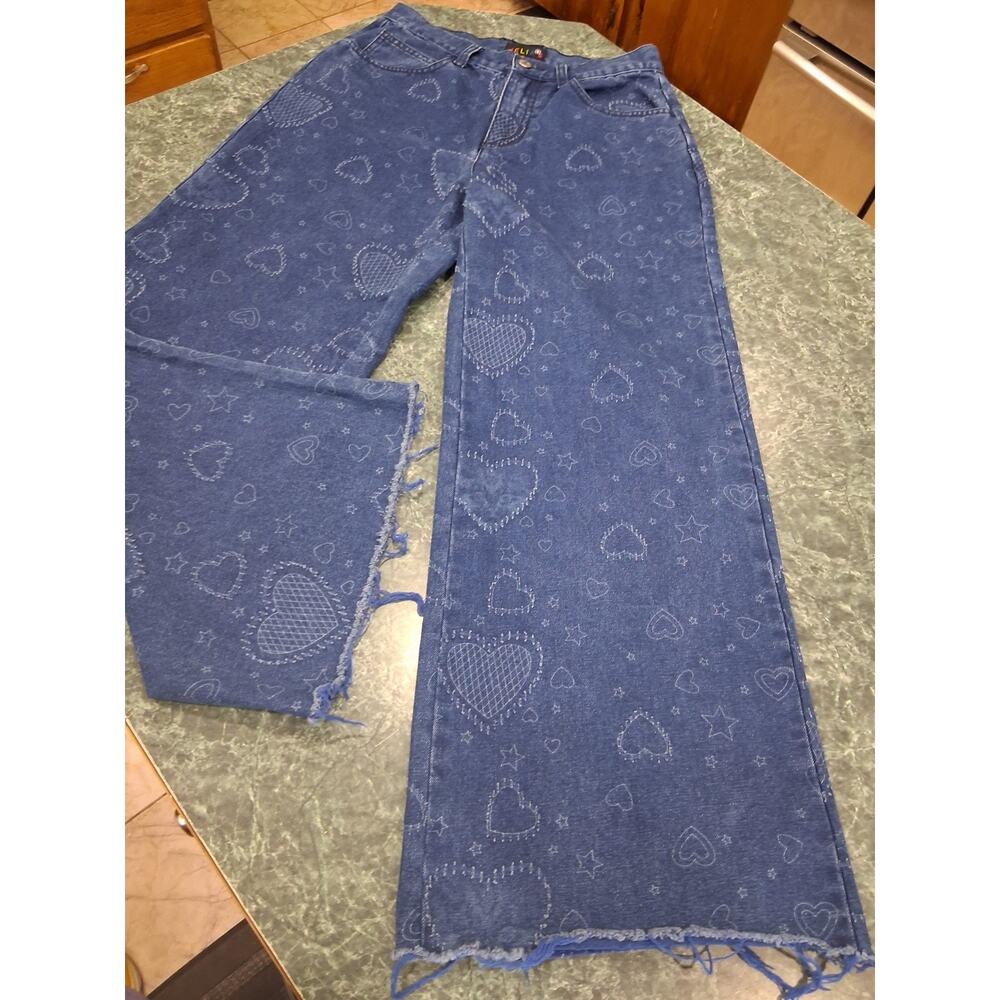 Dolls Kill Delia's Come To Life Heart Twill Wide Baggy Leg Blue Jeans Flare SZ S